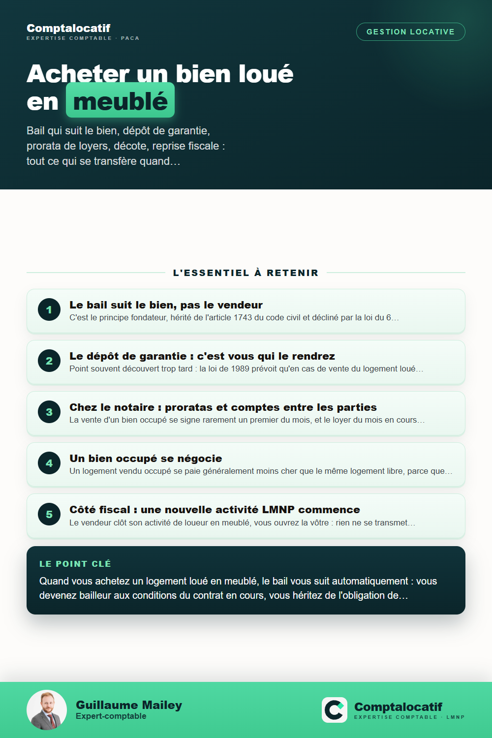 Récapitulatif visuel : Acheter un bien déjà loué en meublé : ce qui se transfère