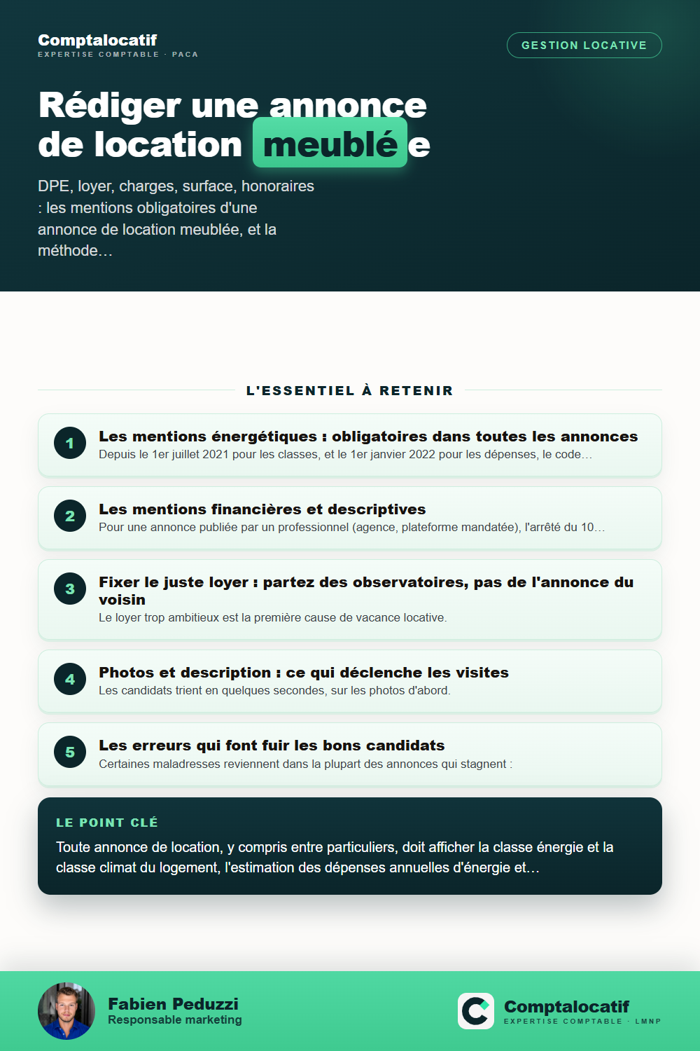 Récapitulatif visuel : Annonce de location meublée : mentions obligatoires et méthode