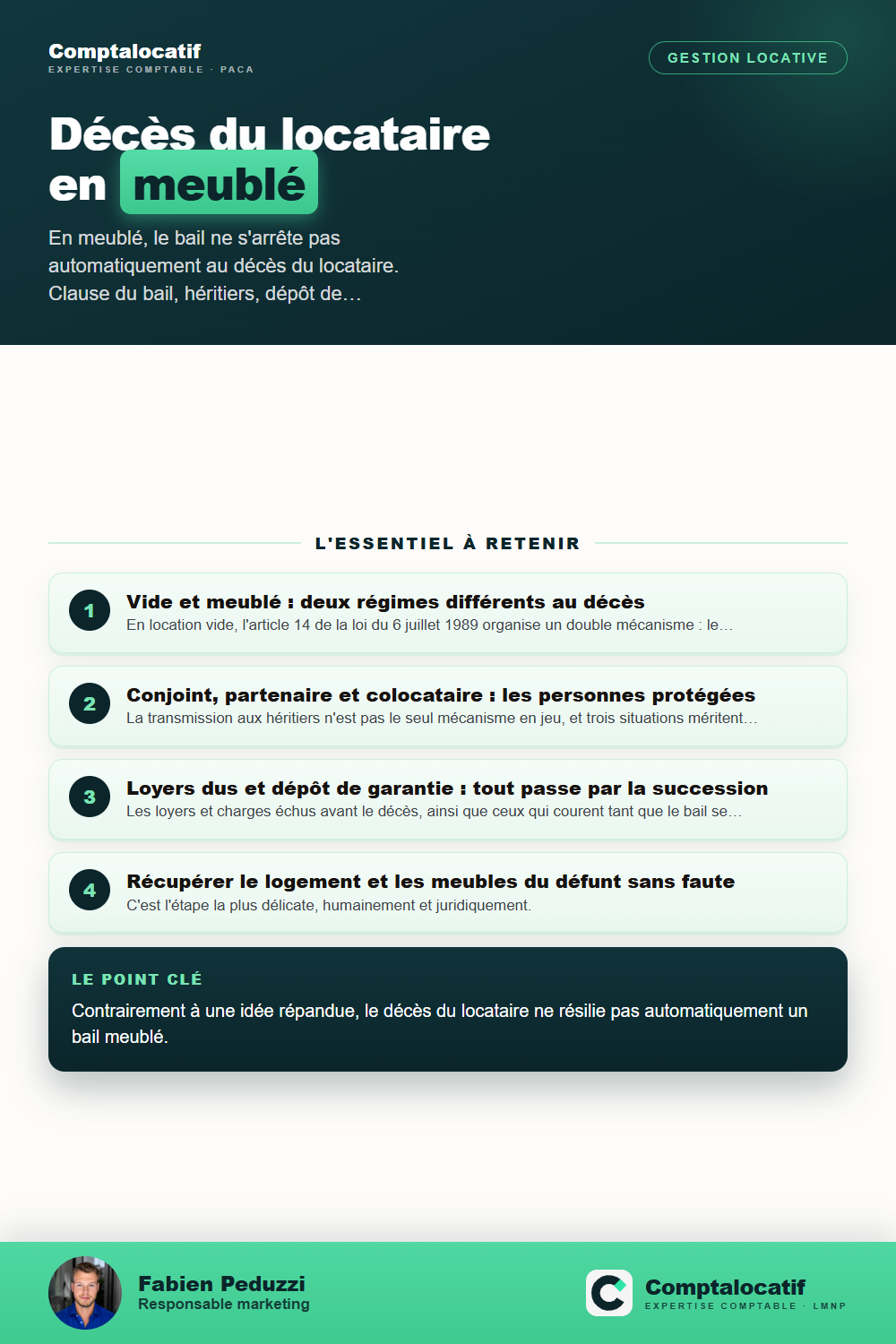 Récapitulatif visuel : Décès du locataire en meublé : ce que devient le bail