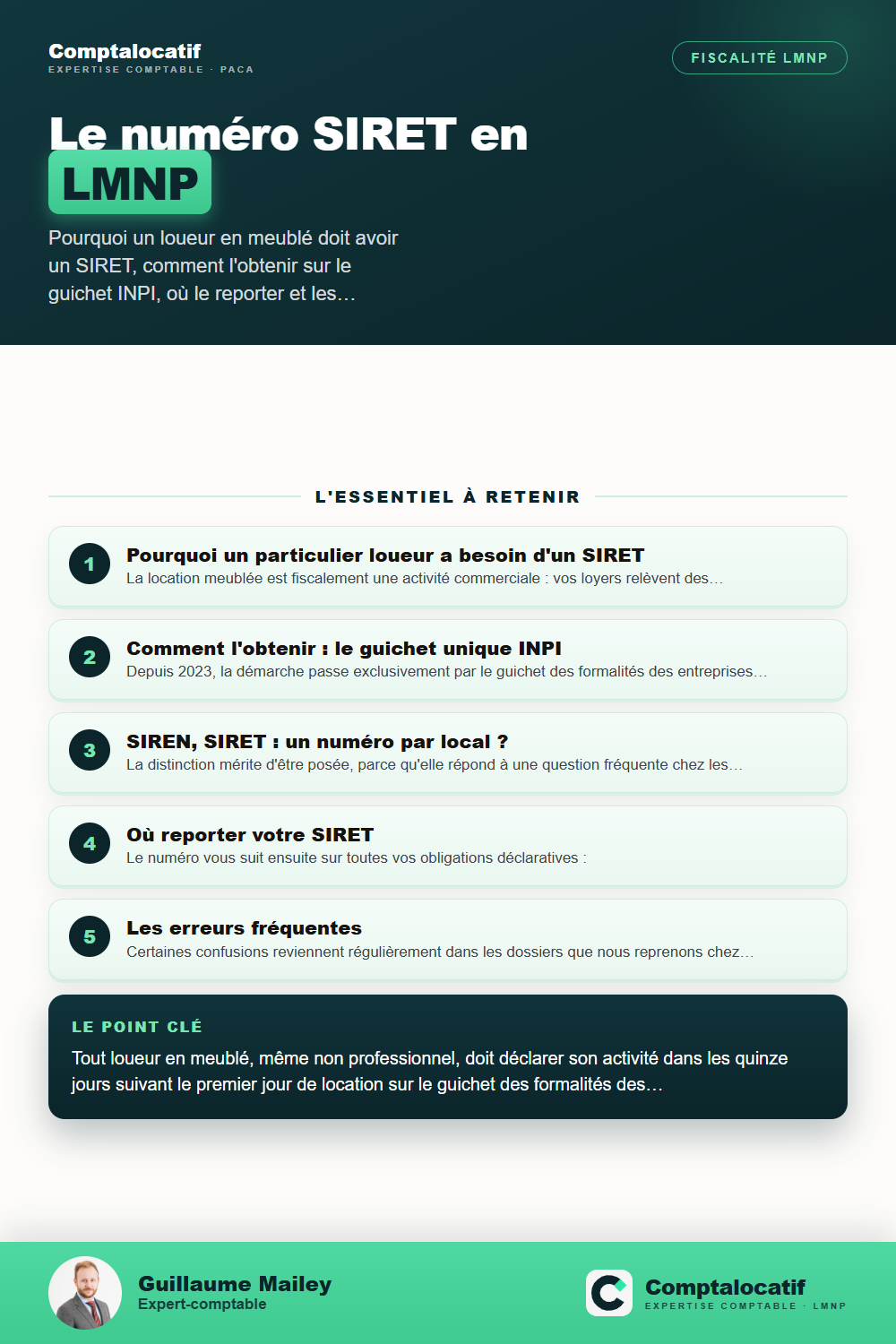 Récapitulatif visuel : Numéro SIRET en LMNP : à quoi il sert, comment l'obtenir