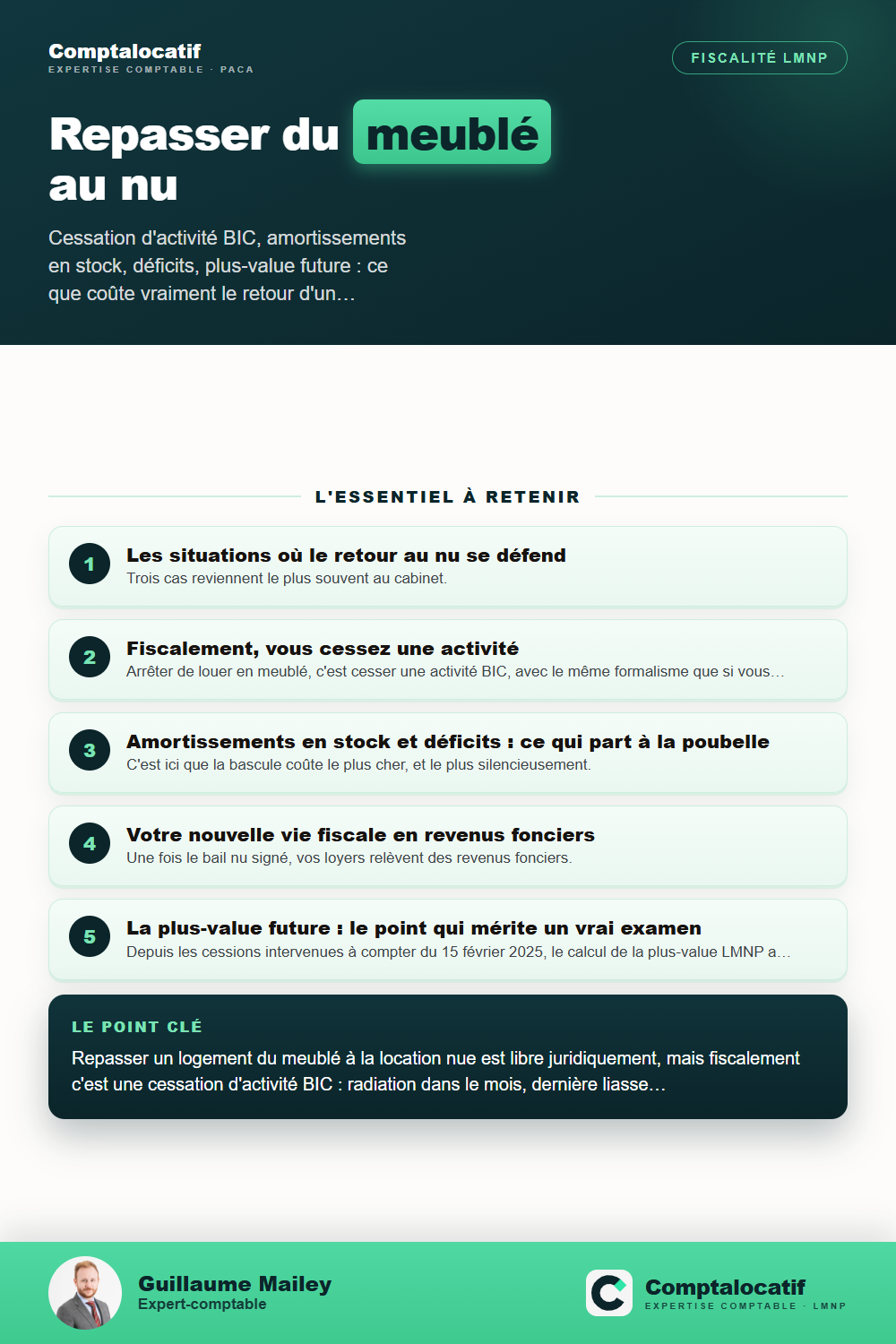Récapitulatif visuel : Repasser du meublé à la location nue : conséquences fiscales